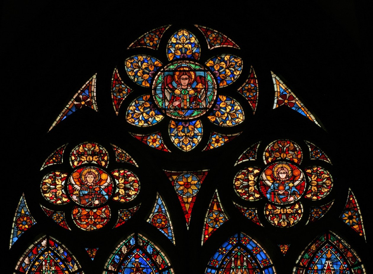 Window w201 depicting the tracery lights with three angels by French School
