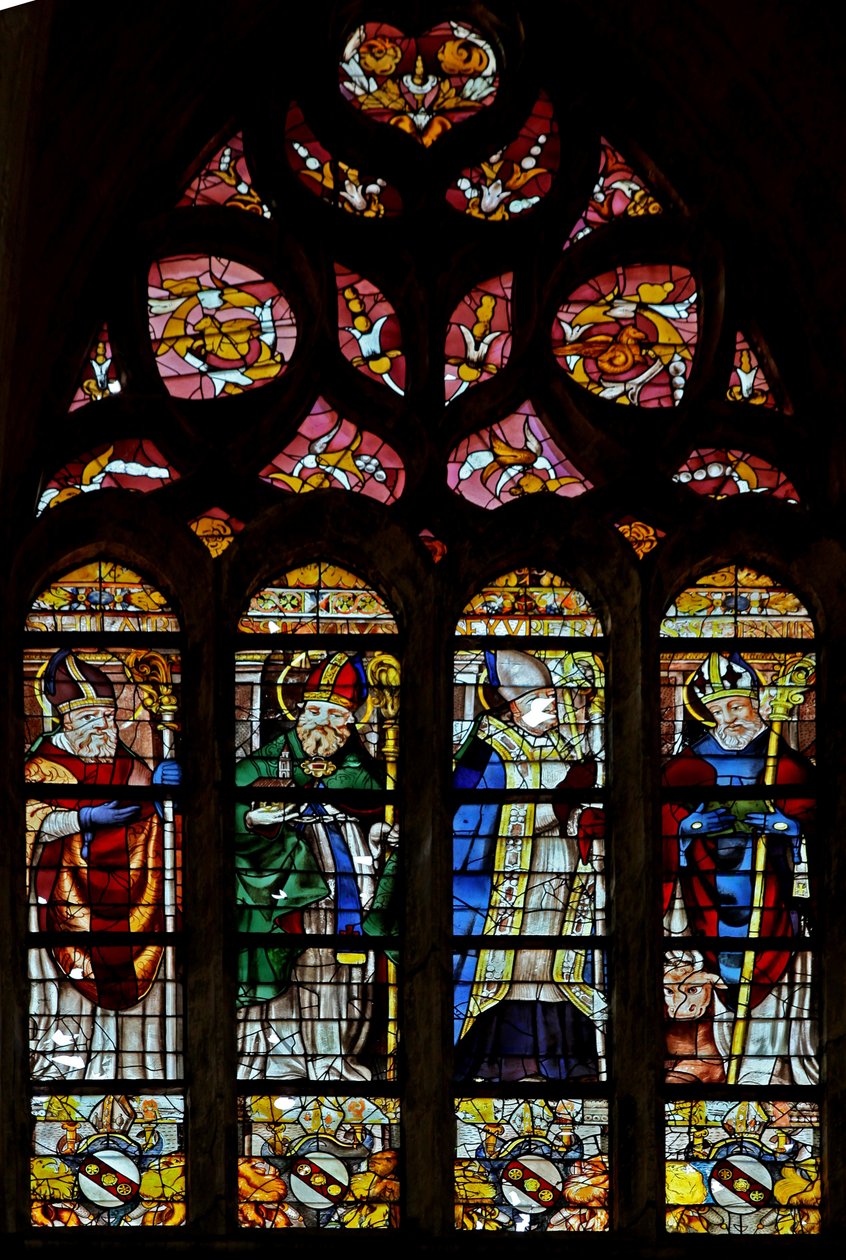 Window depicting St Hilarire, an unidentified saint, St Exupery, St Sernin by French School