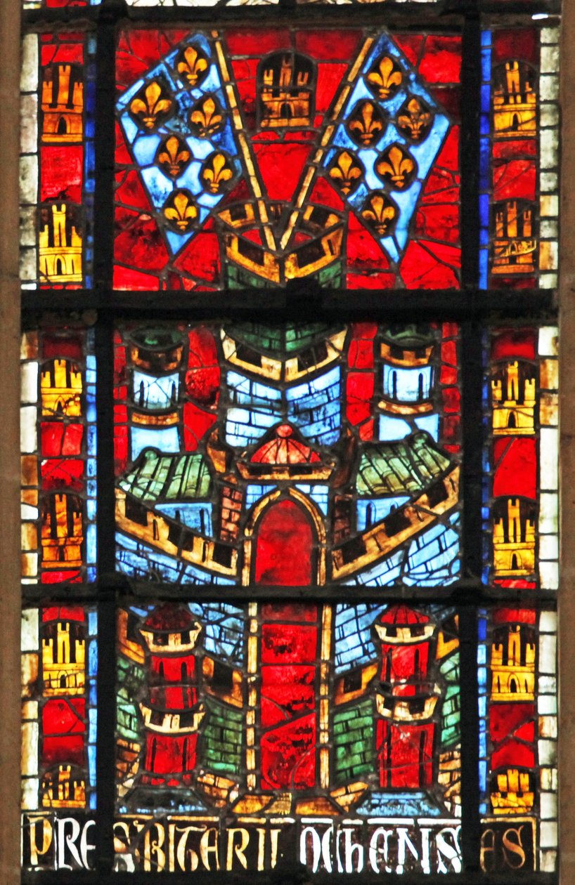 Window depicting a castle and flags with fleur-de-lis by French School