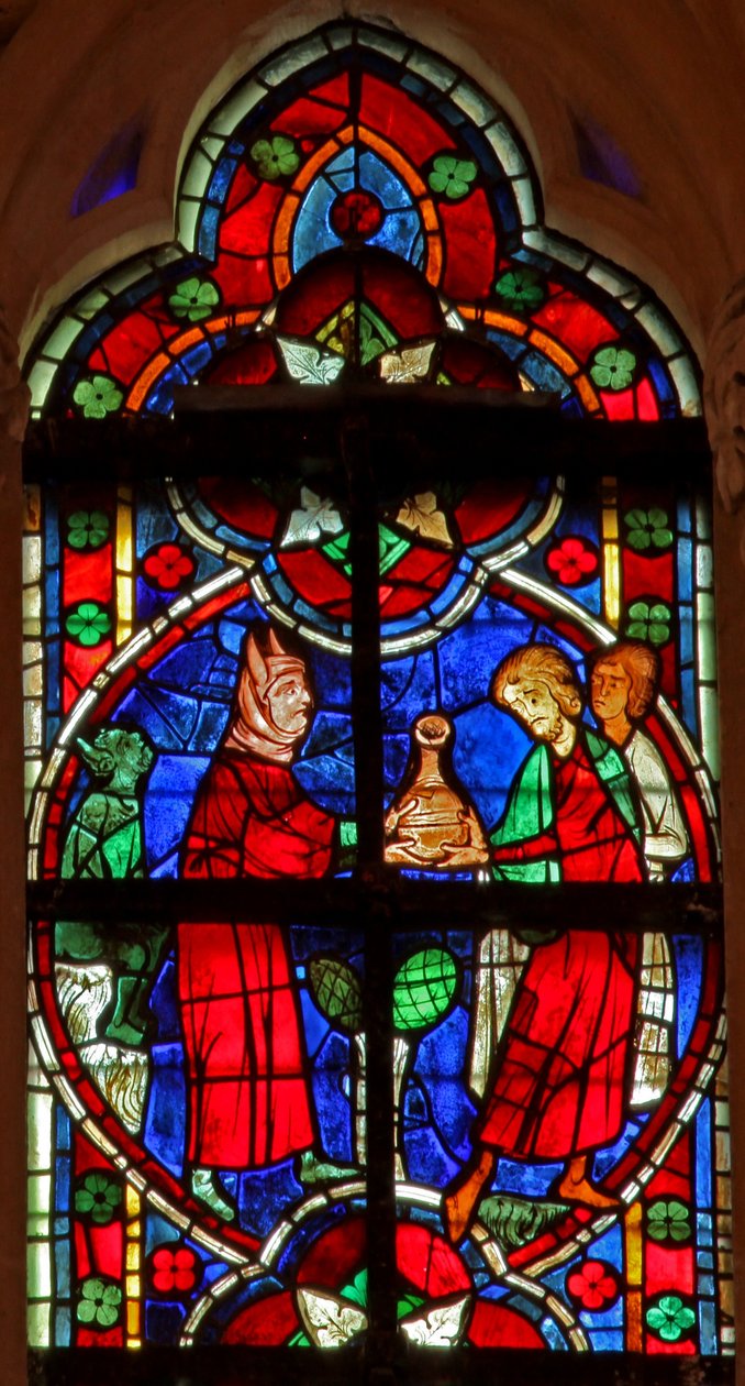 Window depicting a scene from a legend of St Nicholas: a devil gives ...