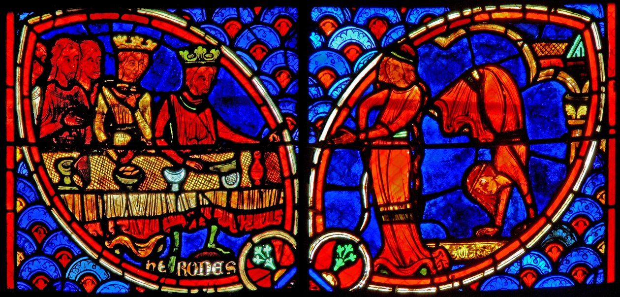 Window w20 depicting a scene from the life of St John the Baptist: Salome dances for Herod by French School