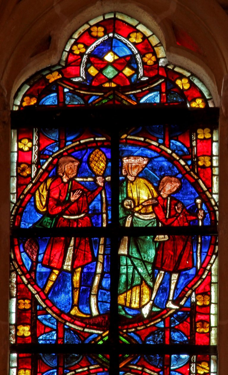 Window depicting a scene from the legend of St James and the lost dependant with pilgrims to Compostello: the reunited family departs by French School