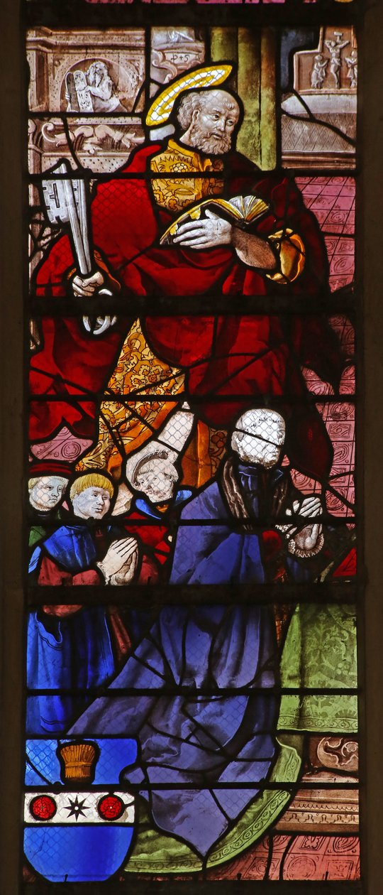Window w21 depicting a donor and his sons with St Peter by French School