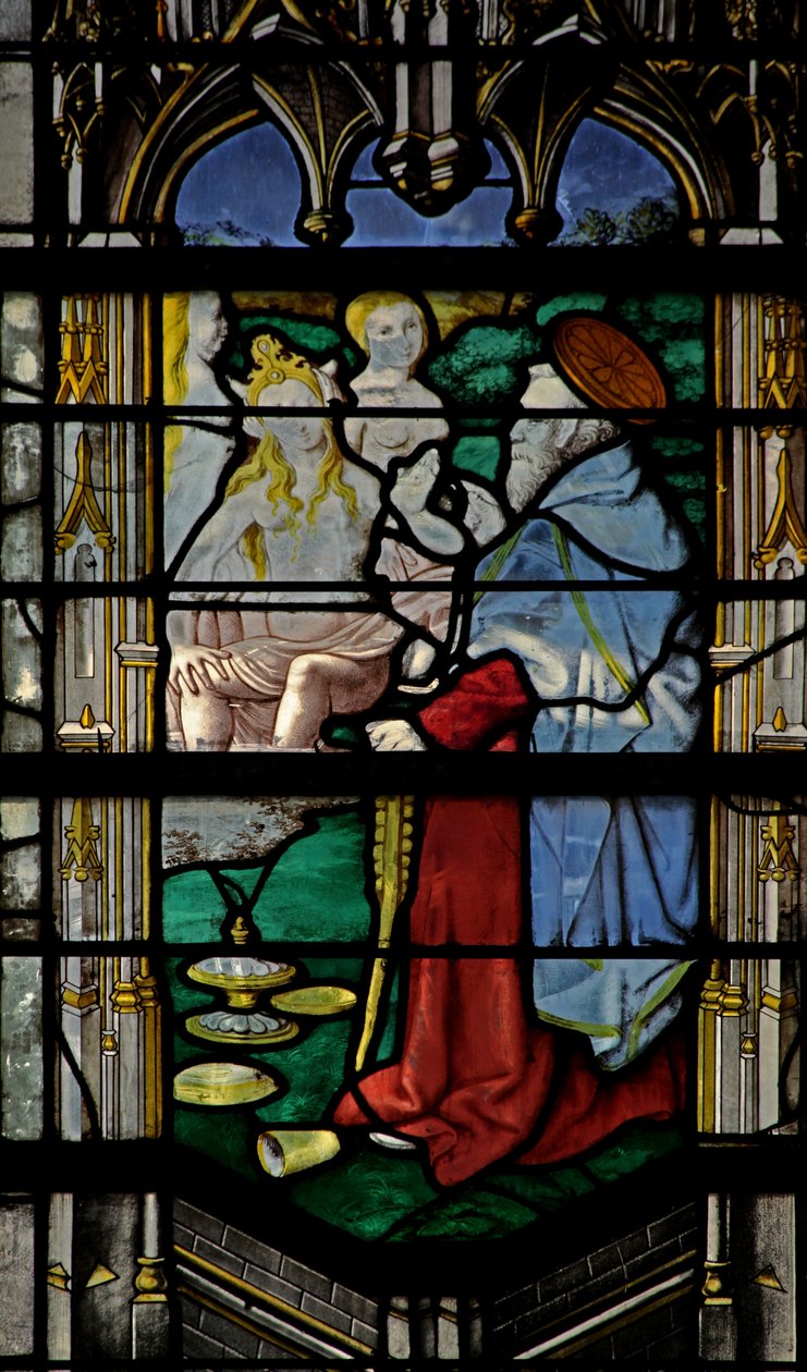 Window depicting St Anthony: tempted by three women by French School