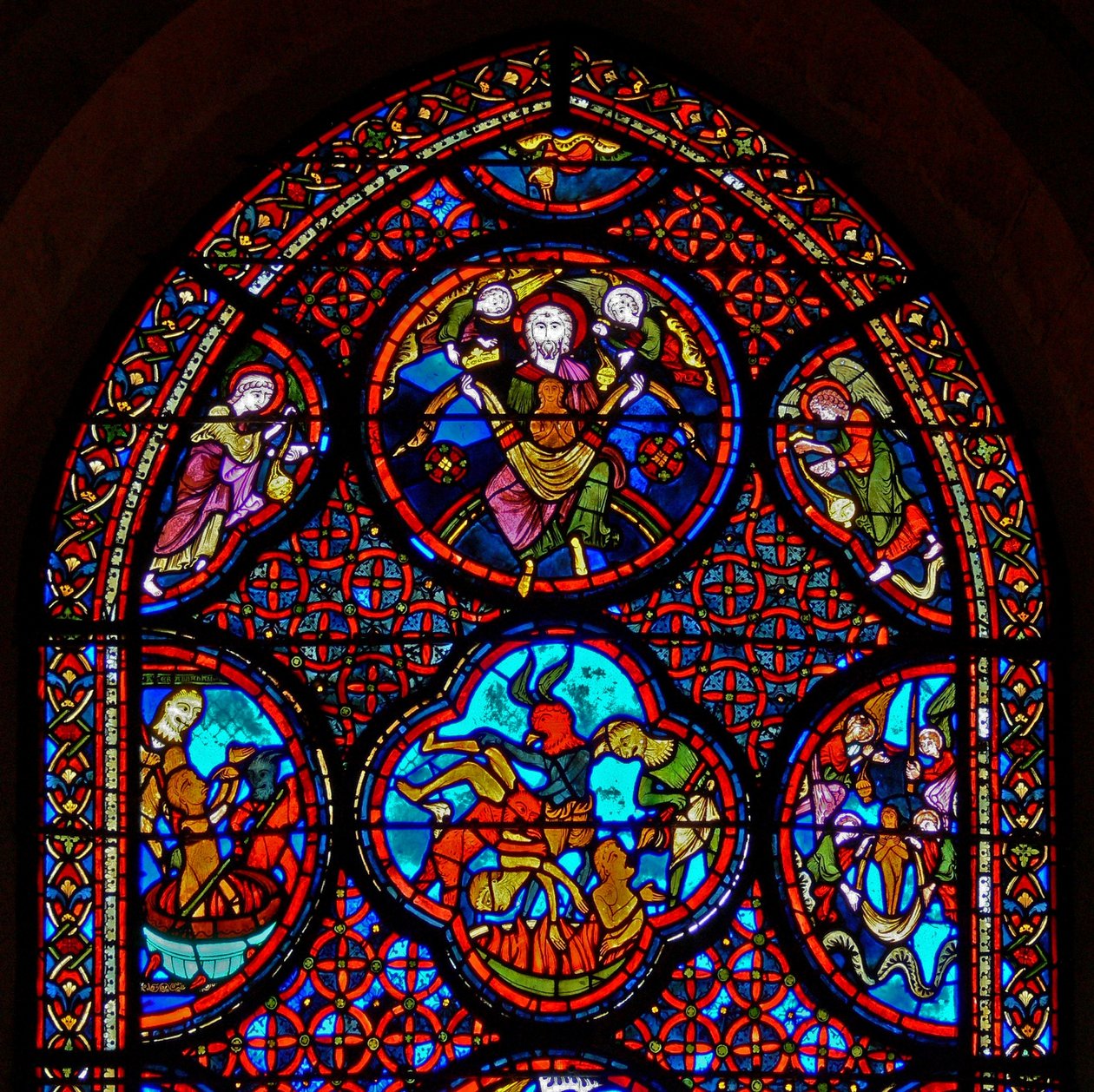 Window w23 depicting the Parable of Dives and Lazarus: the top section by French School