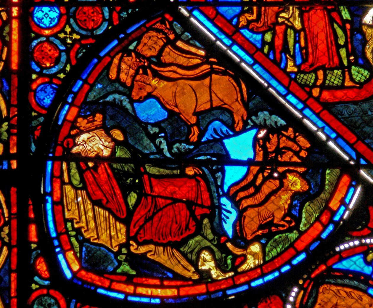 Window w24 depicting a scene from the story of Joseph: the Pharaoh dreams of the fat and lean years by French School