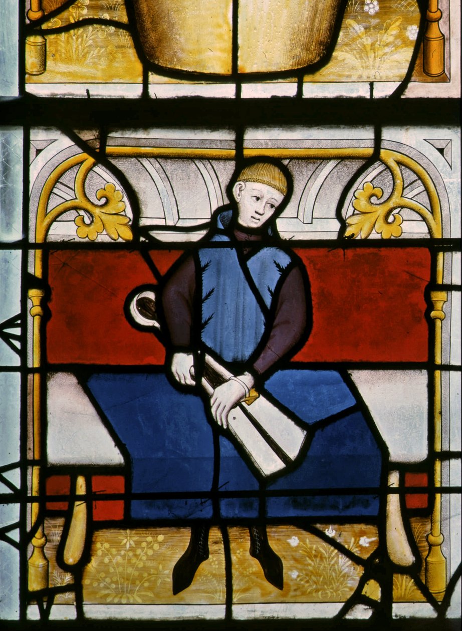 Window w25 depicting a draper at work in the Drapers window by French School