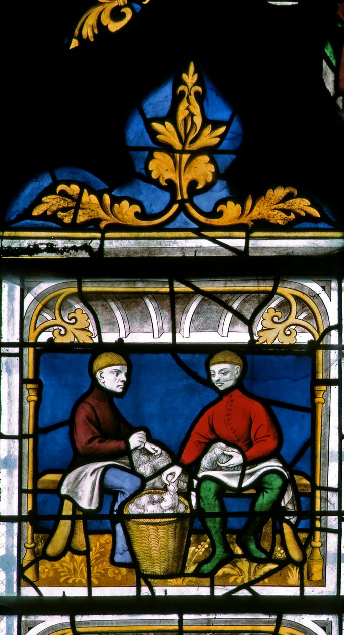 Window w25 depicting a draper at work in the Drapers window by French School