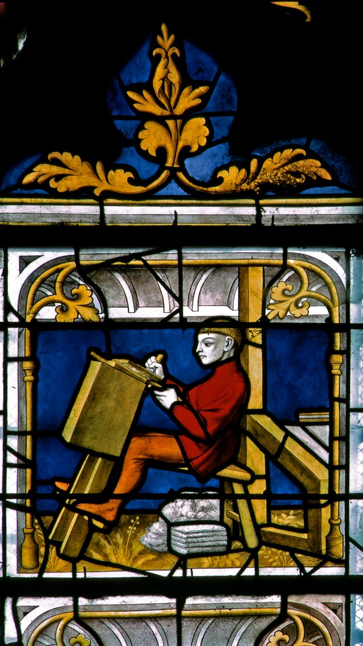 Window w25 depicting a draper at work in the Drapers window by French School