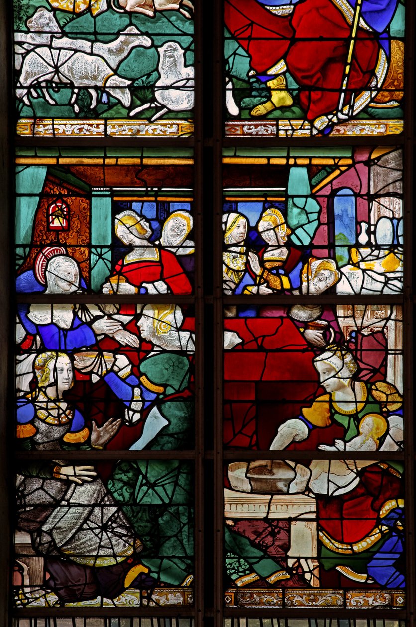 Window depicting a scene from the Life of the Virgin Mary: her birth with numerous people, midwives etc by French School