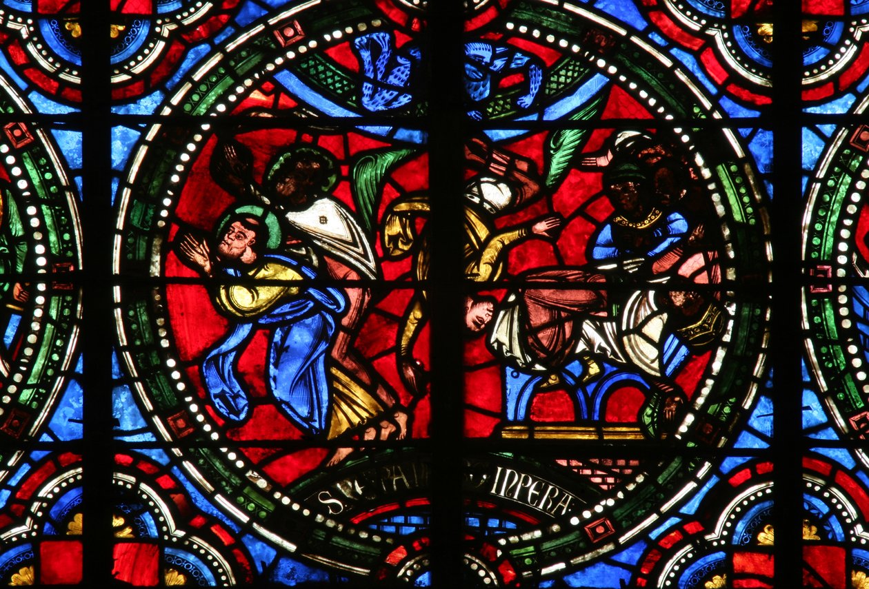 Window depicting a scene from the life of St Peter: Simon Magus fall whilst trying to demonstrate his flying abilities by French School