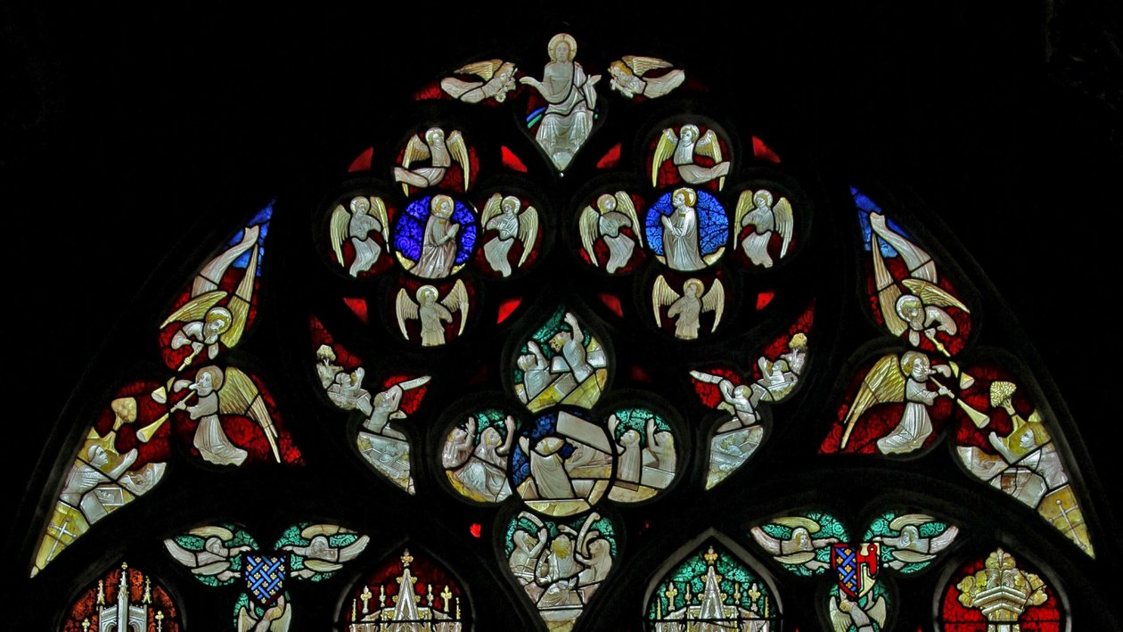 Window depicting musician angels with trumpets at Last Judgement by French School