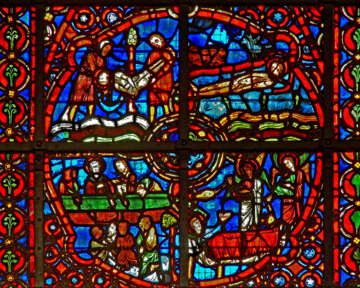Window depicting scenes from life of St Lawrence by French School