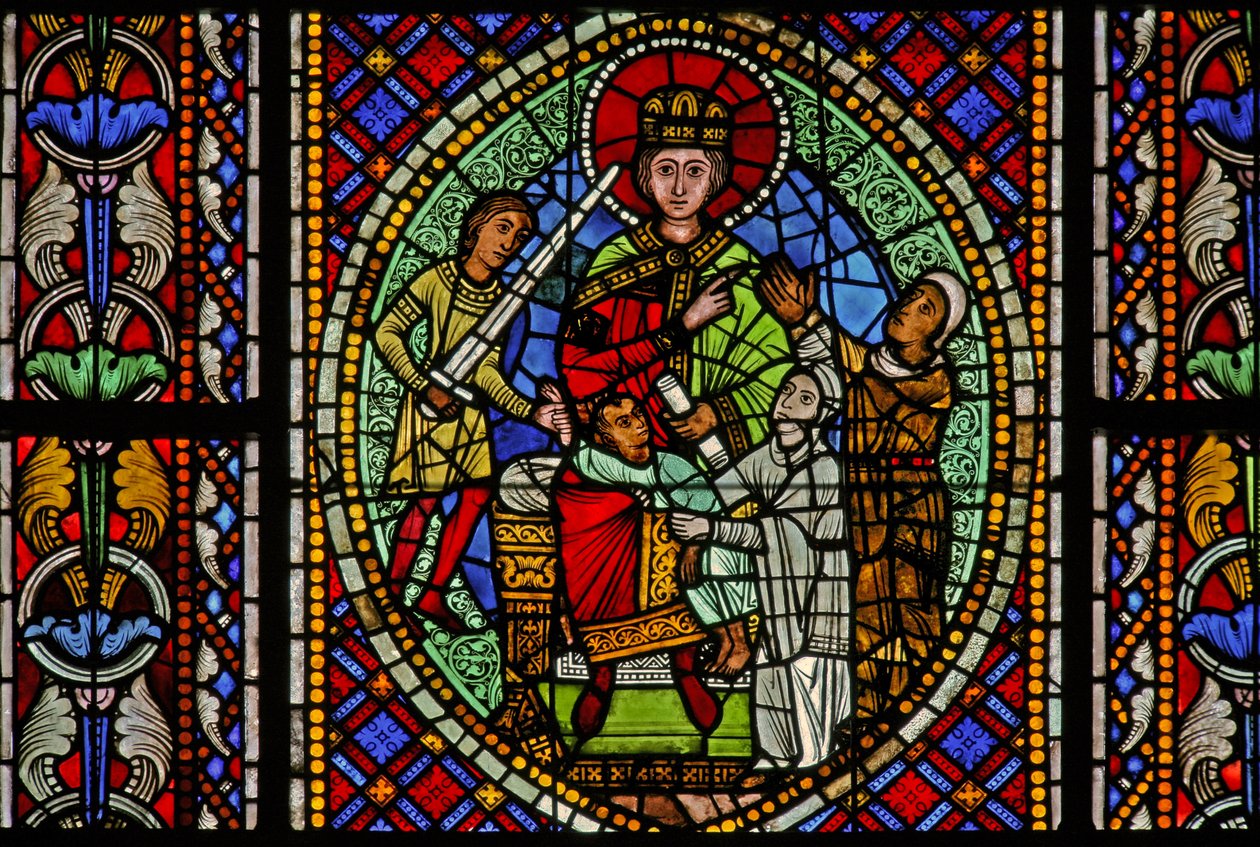 Window depicting Solomon orders the child to be cut in two - the real mother then pleads for the baby