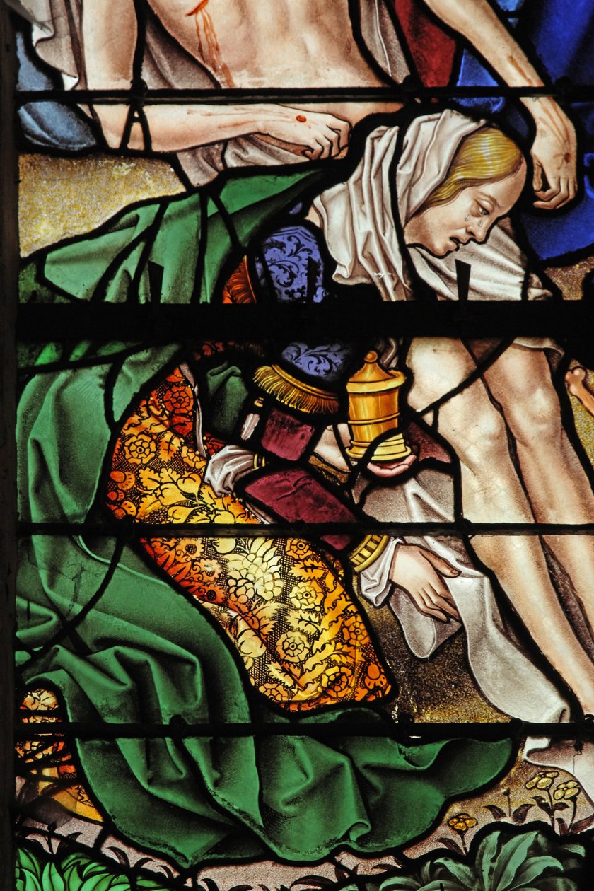 Window depicting a scene from the life of St Mary Magdalene - the saint at the Descent from the Cross by French School