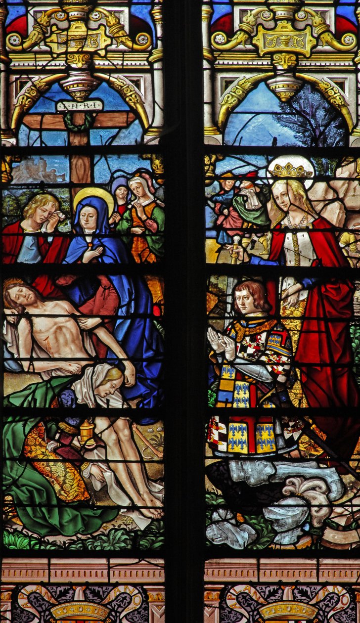 Window depicting the Descent from Cross with the donor Francois de Montmorency and Ste Francoise by French School