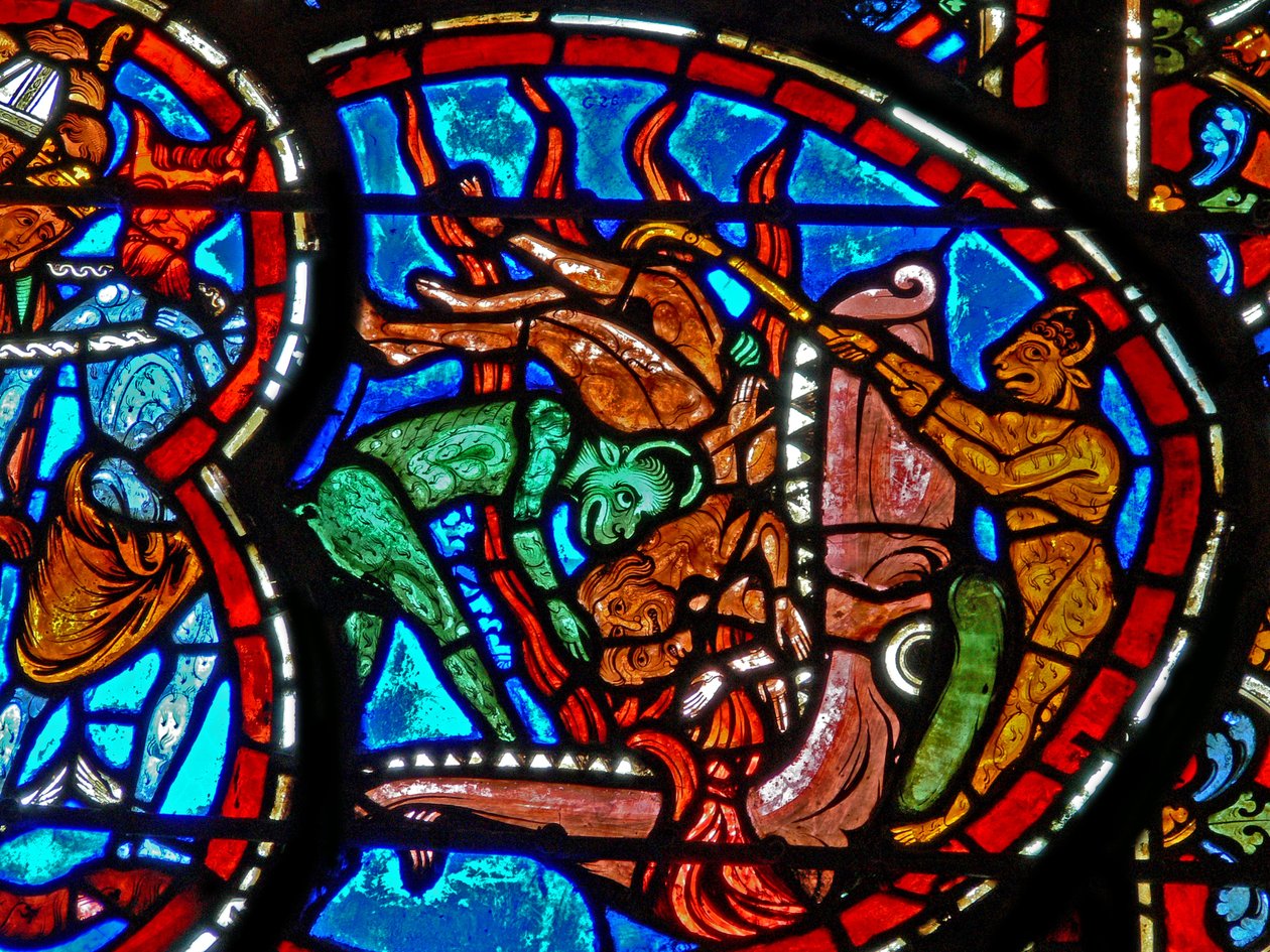 Window depicting the Last Judgement: the Mouth of Hell receiving the damned by French School