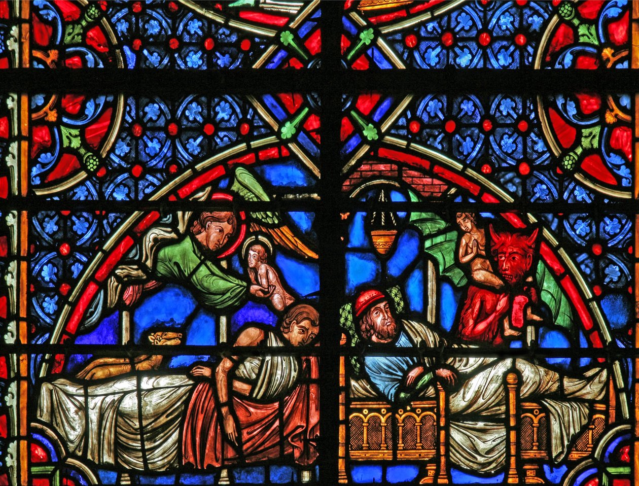 Window depicting the Parable of Dives and Lazarus - their deaths by French School