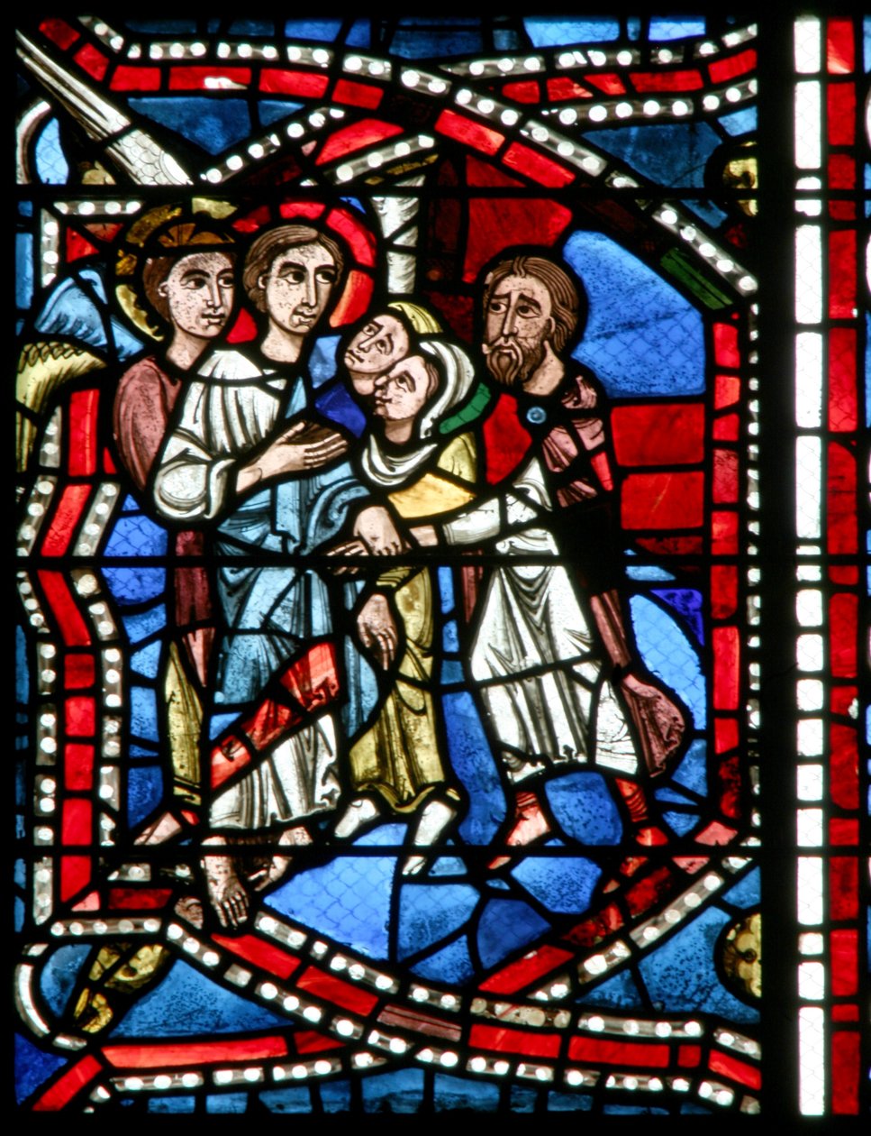 Window depicting an angel leads Lot out of the city by French School