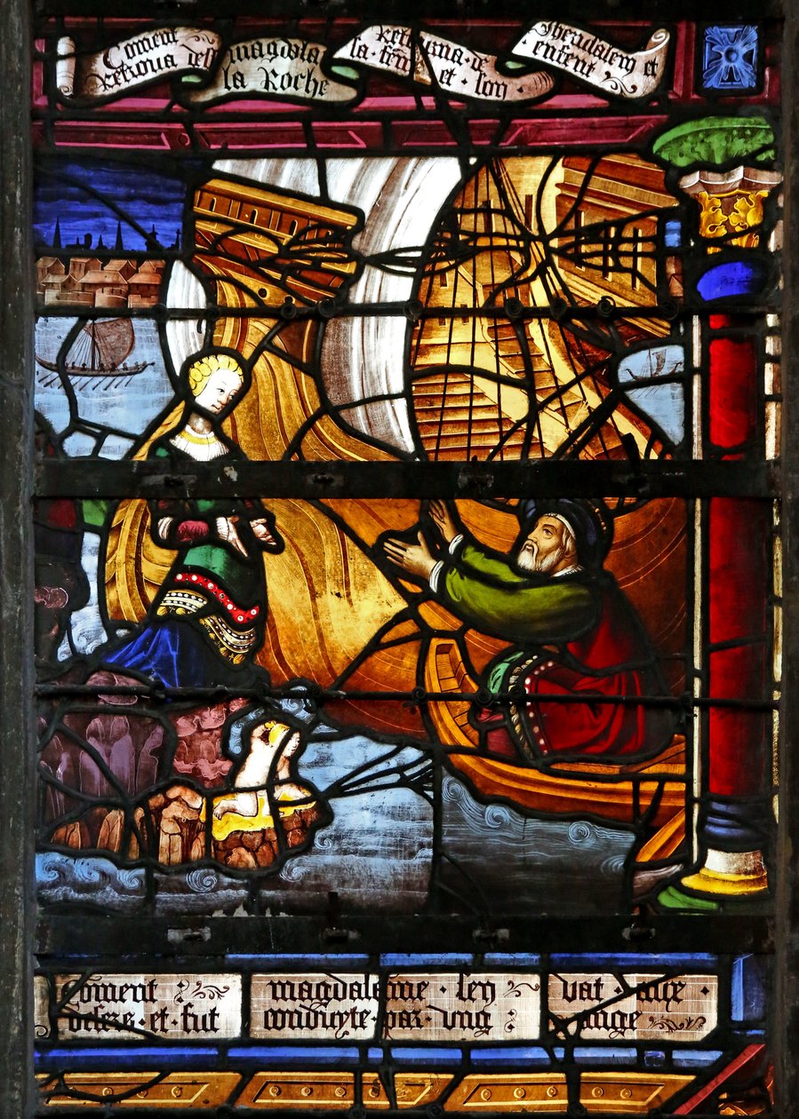 Window depicting the Duke of Marseilles returns from Jerusalem and finds his wife on the rock with a son by French School