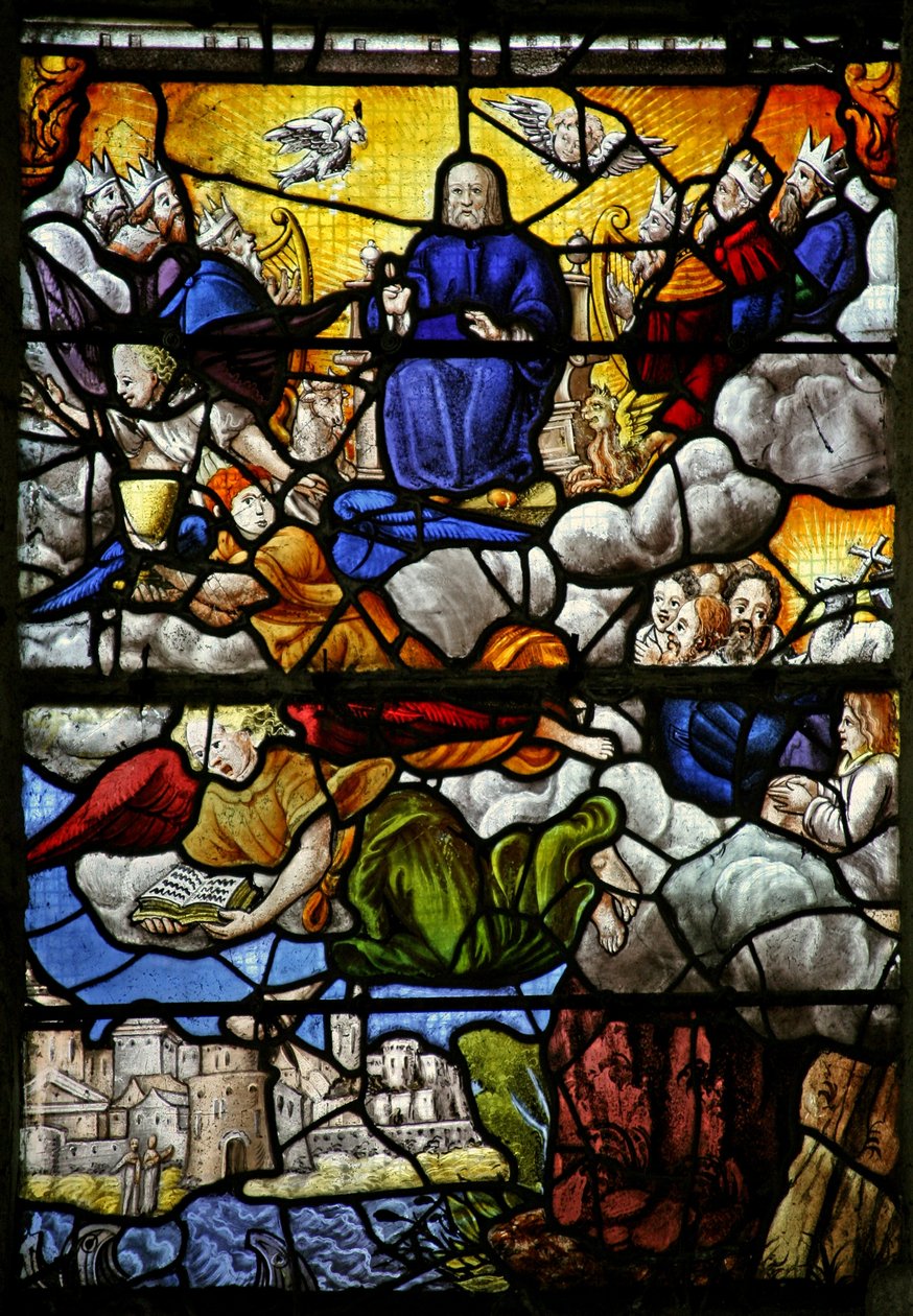 Window w7 depicting a scene from the Book of Revelation: the Throne in Heaven: the four Sacred Beasts by French School