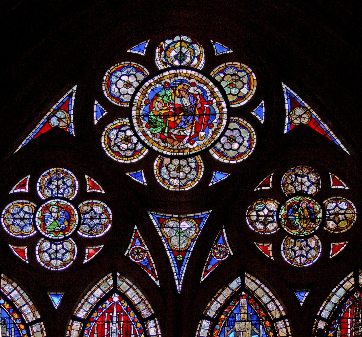 Window depicting the tracery lights with two angels and Noli Me Tangere by French School