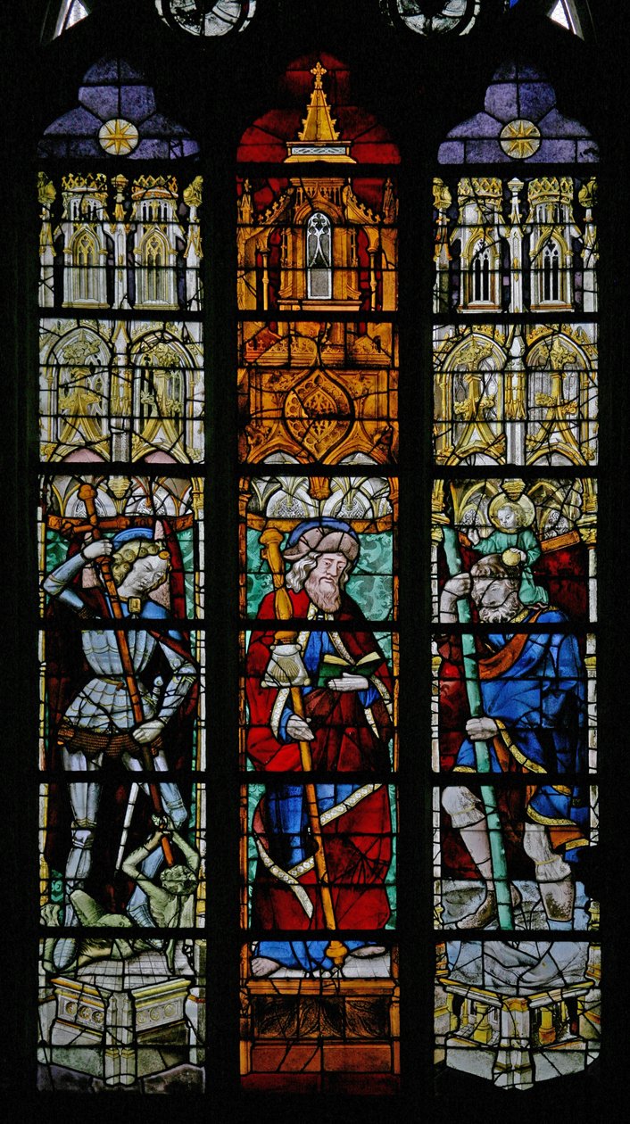 Window depicting St Michael, St James and St Christopher by French School