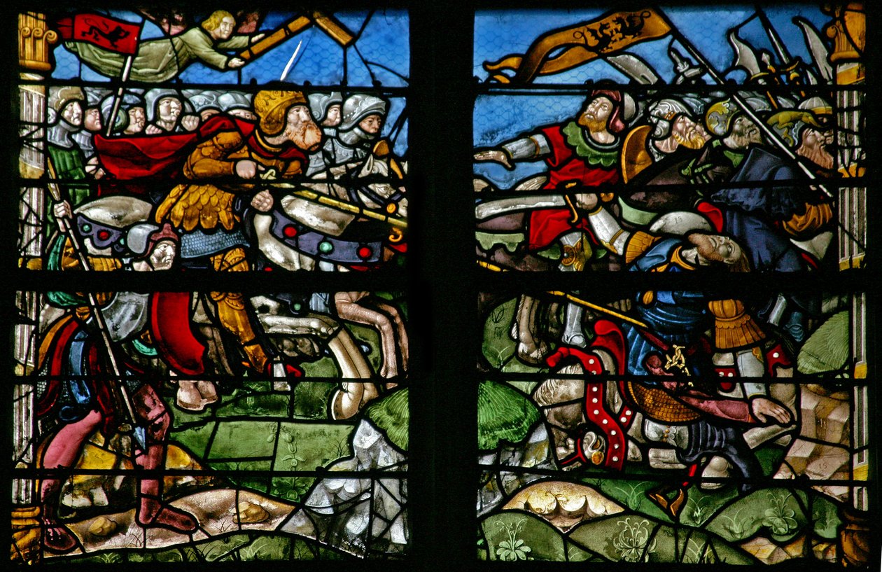 Window depicting a battle scene with the Emperor Constantine where the Cross appeared and he triumphs by French School