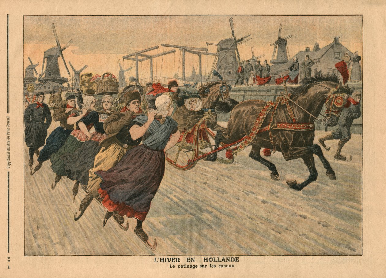 Winter in Holland, ice skating on the canal by French School