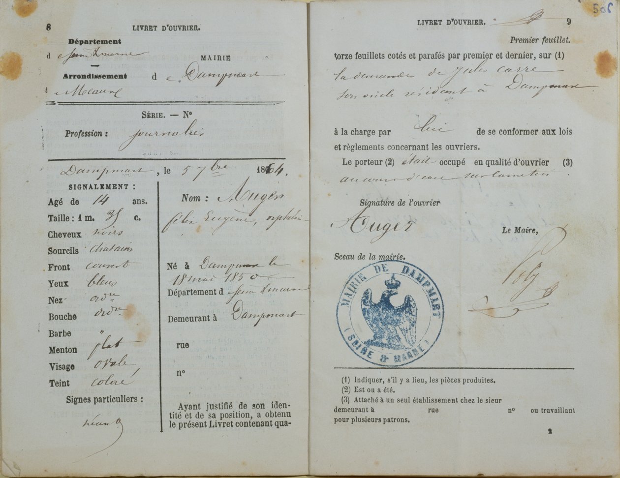 Workers Handbook issued by Mairie of Dampmart to Felix Auger, 1864 by French School