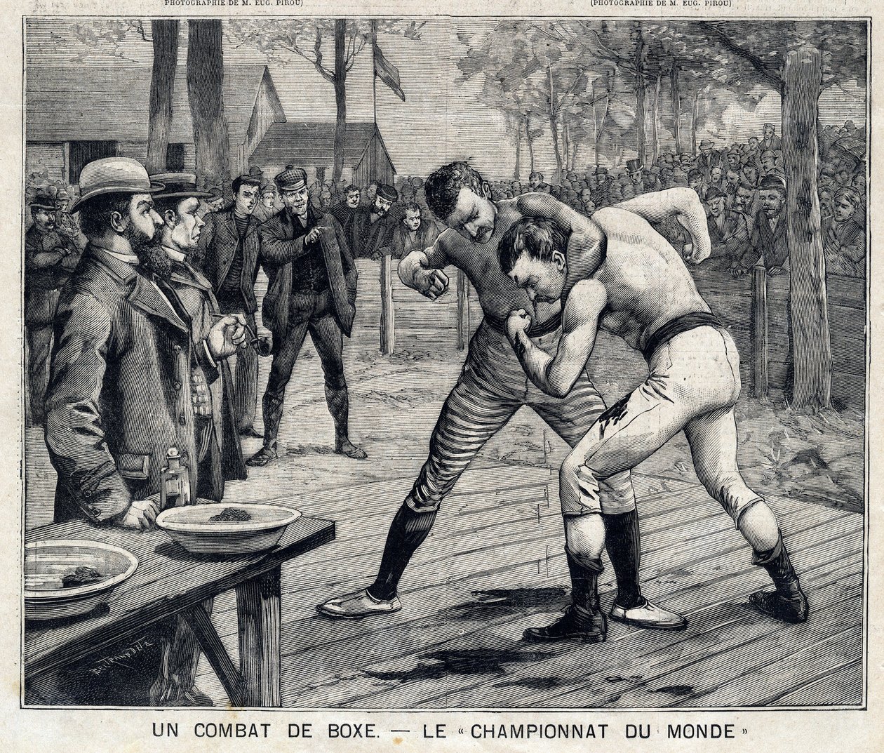World Championship: Boxing Fight Between Jim Corbett and Bob Fitzsimmons in Carson, Nevada, United States. In The Little Parisien on 11/04/1897. Private Collection by French School