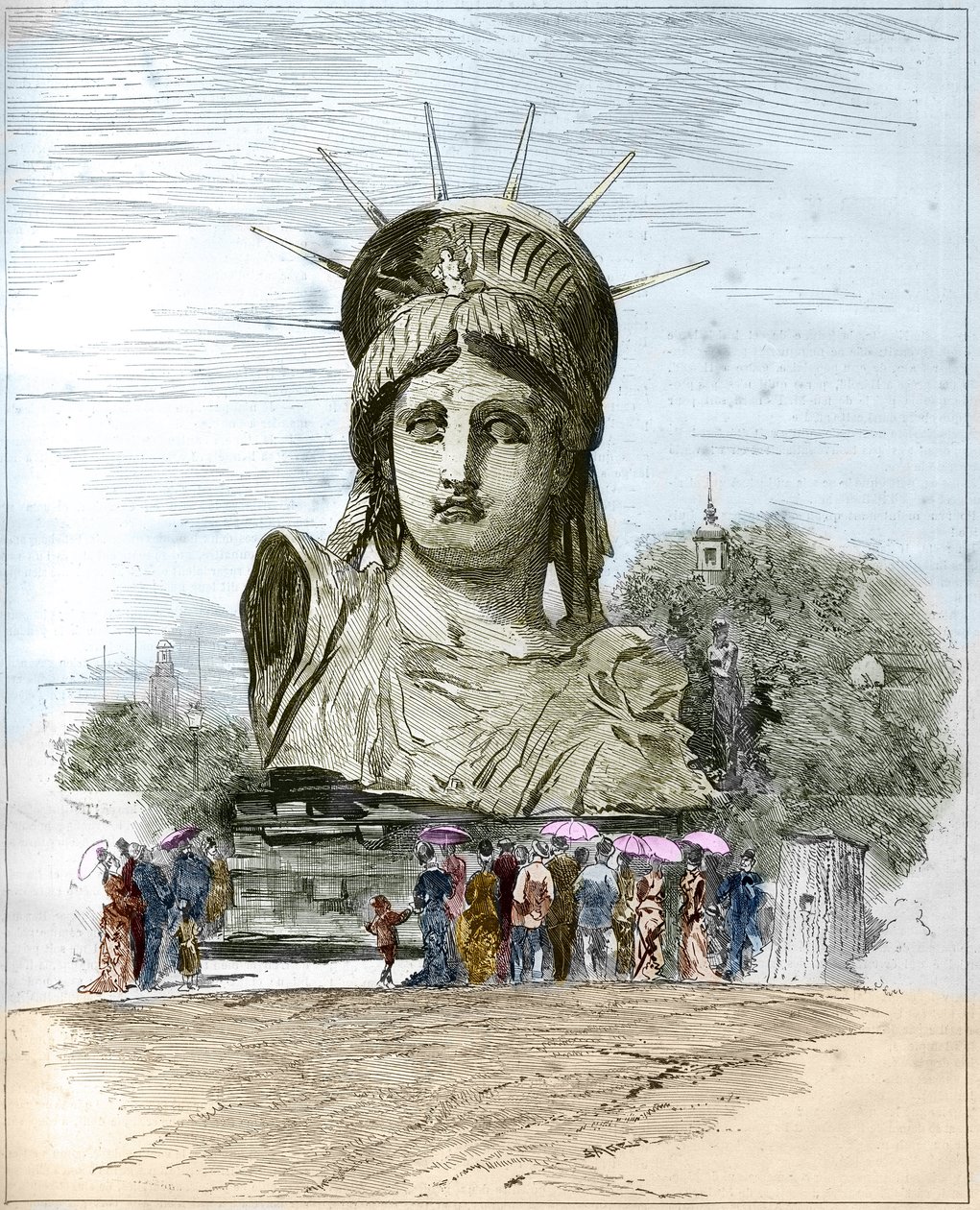 World Exhibition 1878 in Paris: the head of the Statue of Liberty by Frederic Auguste Bartholdi. Engraving by Edgard Morin from 