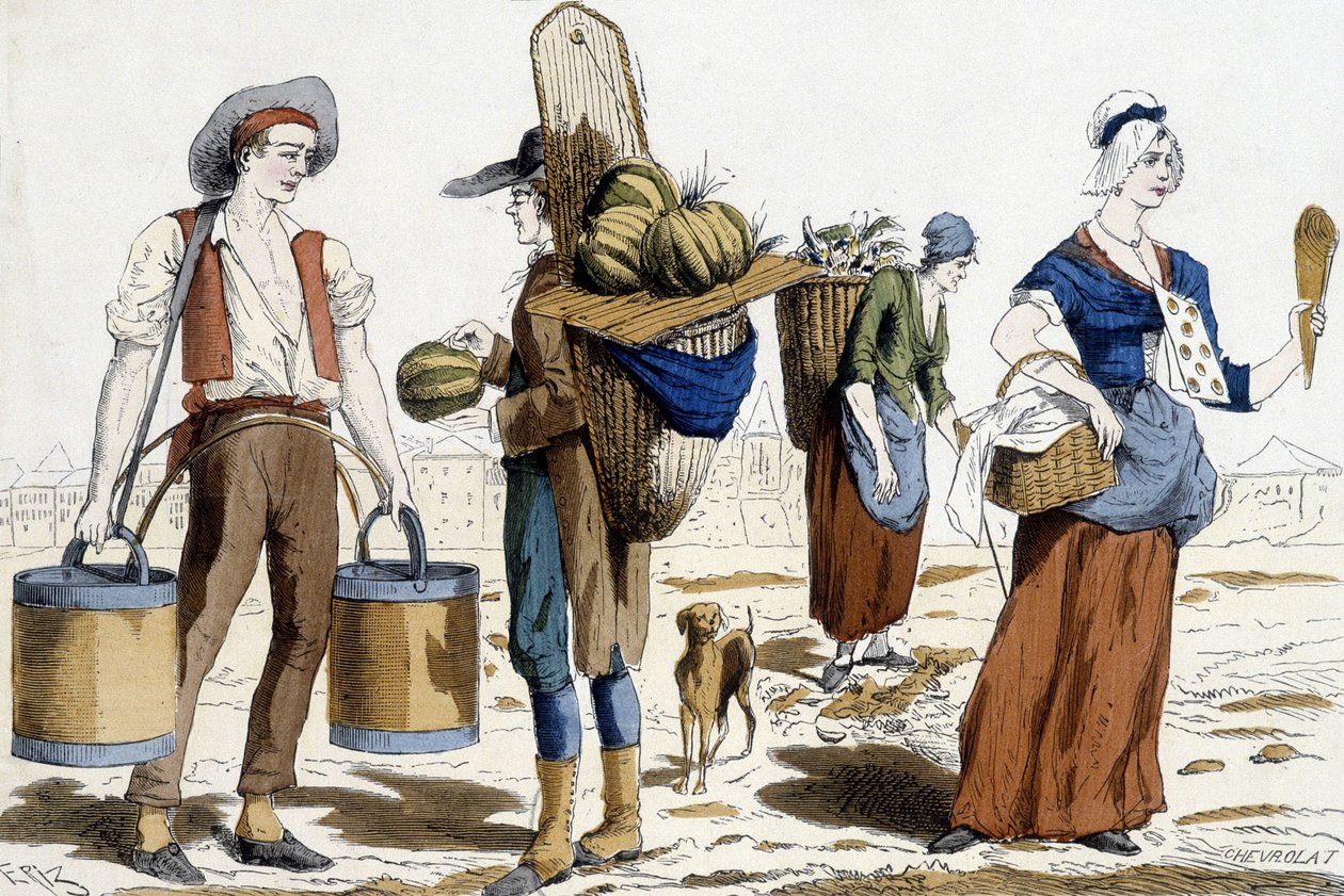 Illustration of Paris costumes in the 18th century: water carrier, merchant of melons, chiffonnier, merchant of pleasures by French School