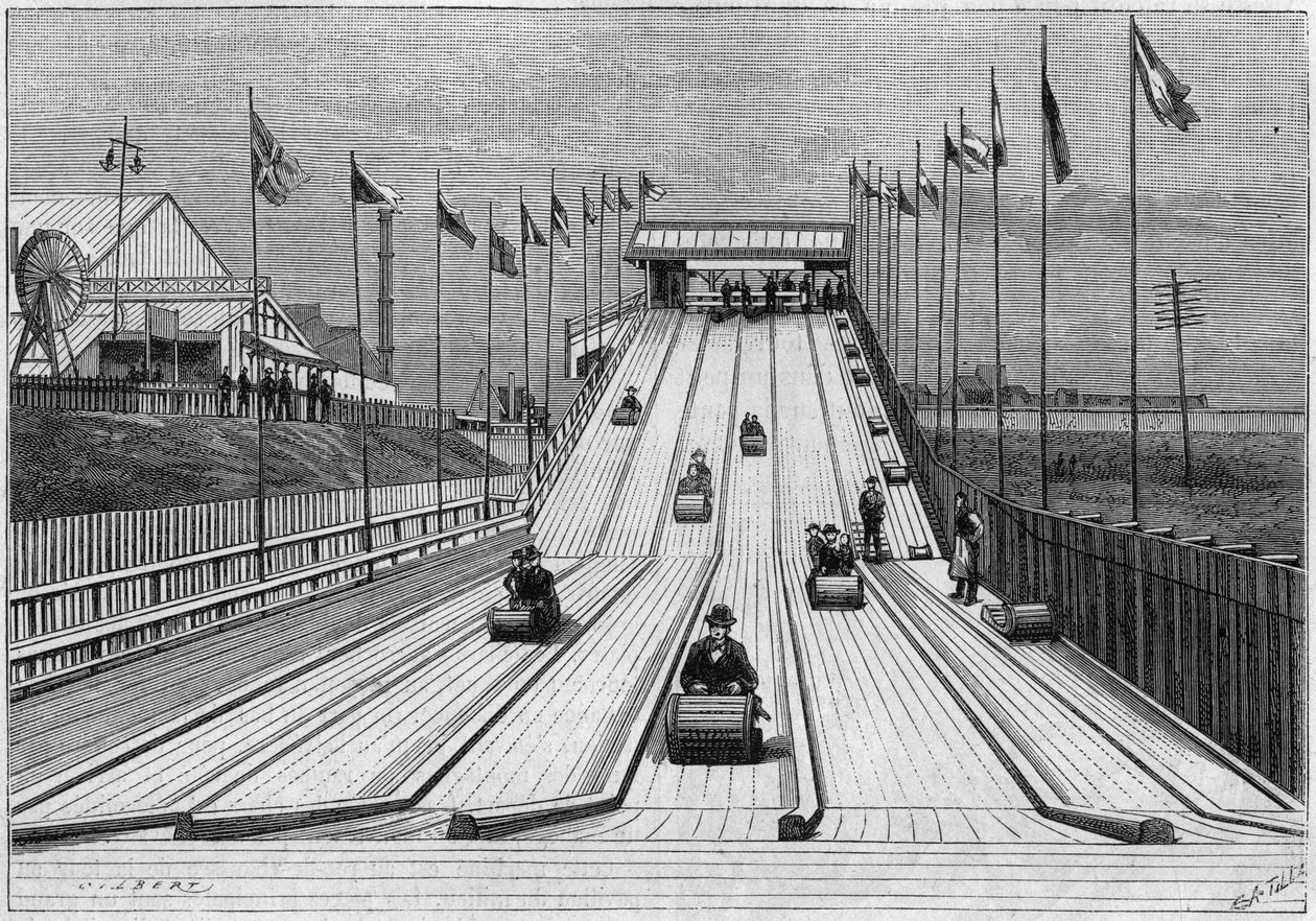 Roller coaster or tobocanning, operating at the Liverpool Exhibition, after a photograph. Engraving in 