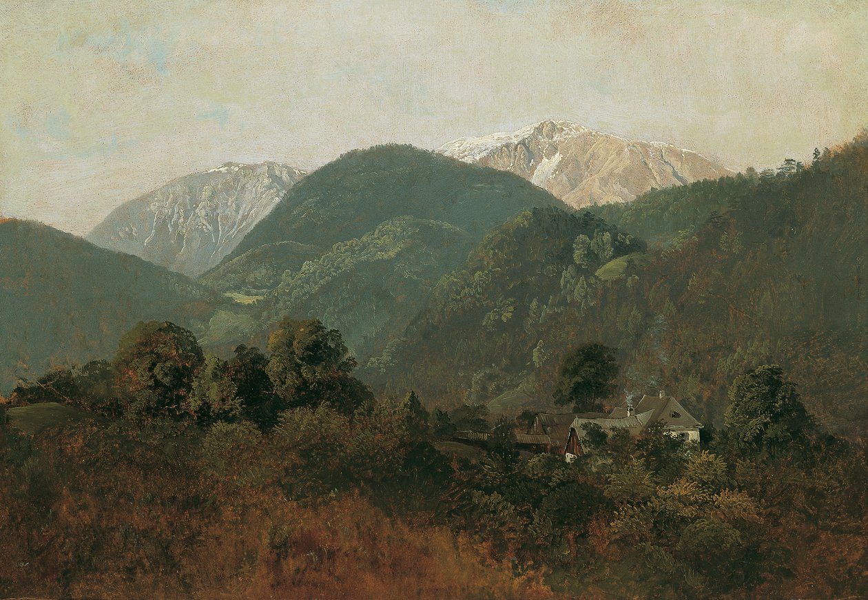 View from Scheuchenstein to Gauermannhof with Schneeberg in the Background by Friedrich August Mathias Gauermann