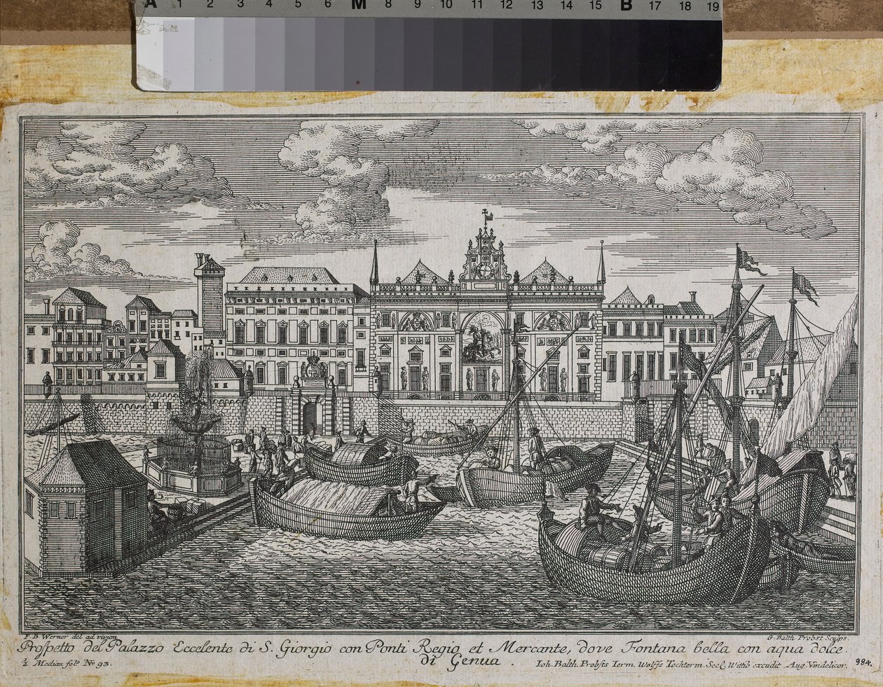 Plan of Genoa depicting the Royal Bridge, the New Bridge of Mercanzia and the Palace of St. George seen from the sea, c.1750 by Friedrich Bernhard Werner