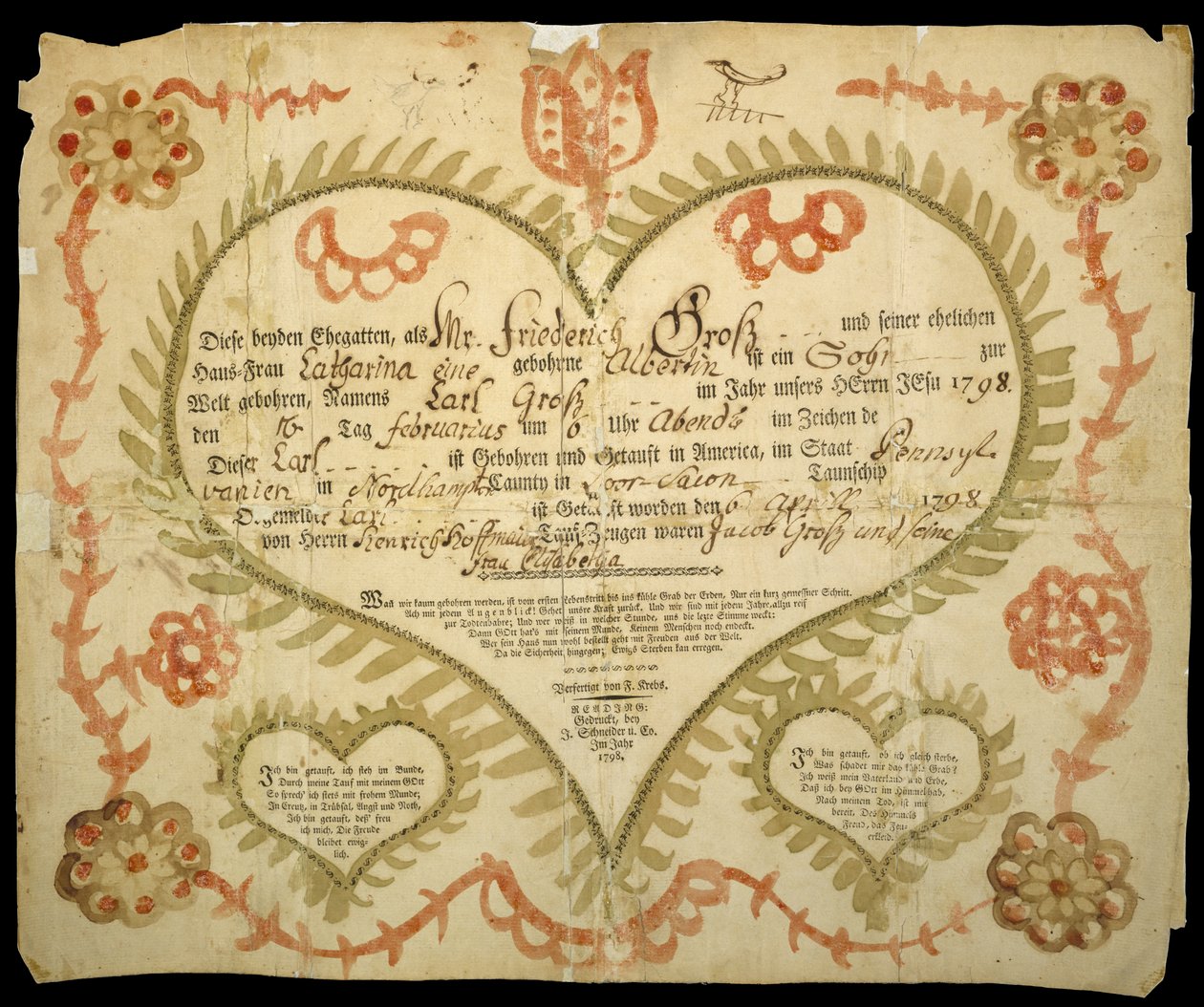 Birth and Baptismal Certificate, c. 1800 by Friedrich Krebs