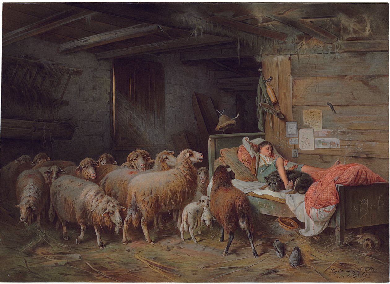 Plaque Depicting a Shepherd Asleep with His Hound, an Unattended Flock at His Side by Friedrich Otto Gebler