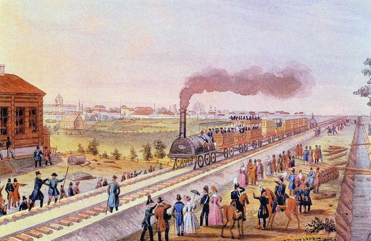 Arrival of the First Train from St. Petersburg to Tsarskoye Selo on 30 October 1837 (1837) by Friedrich von Martens