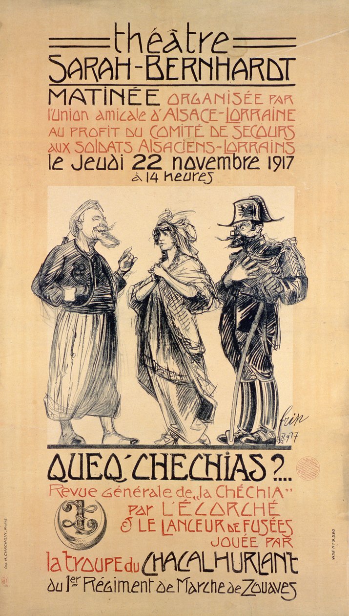 Poster Advertising a Benefit Matinée Performance at the Sarah Bernhardt Theatre, Paris, to Help Soldiers from Alsace-Lorraine, 1917 by Frip