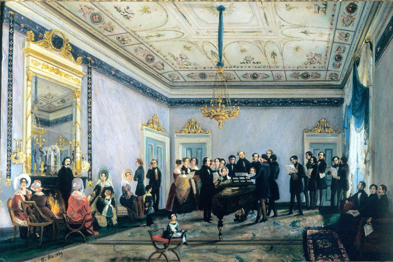 Concert in the House of Branca (Salon, or Meeting of the Personalities of the Music World in Milan), 1839 by Fulvia Bisi