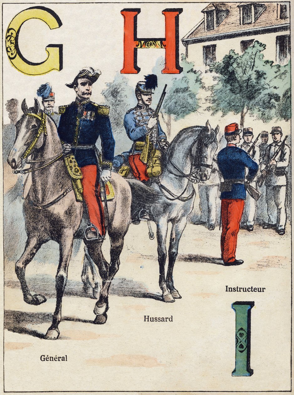 Letters G H I: General, Hussard and Instructor. Engraving in "Alphabet militaire", Grand-Bebe series. Engraving. Pont-a-Mousson imaging. Louis Vagne, Printer-Publisher, circa 1900. Illustrations by G. Dascher by G. Dascher