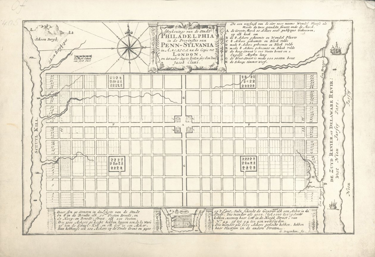 The first plan for Philadelphia, devised by William Penn and Thomas Holme in 1682, 1684 by G. Drogenham