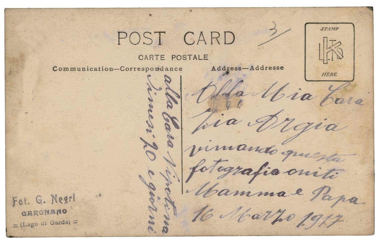 Back of Postcard with an Infantry Soldier, Gunner, in Uniform with His Wife and Son During the First World War by G. Negri
