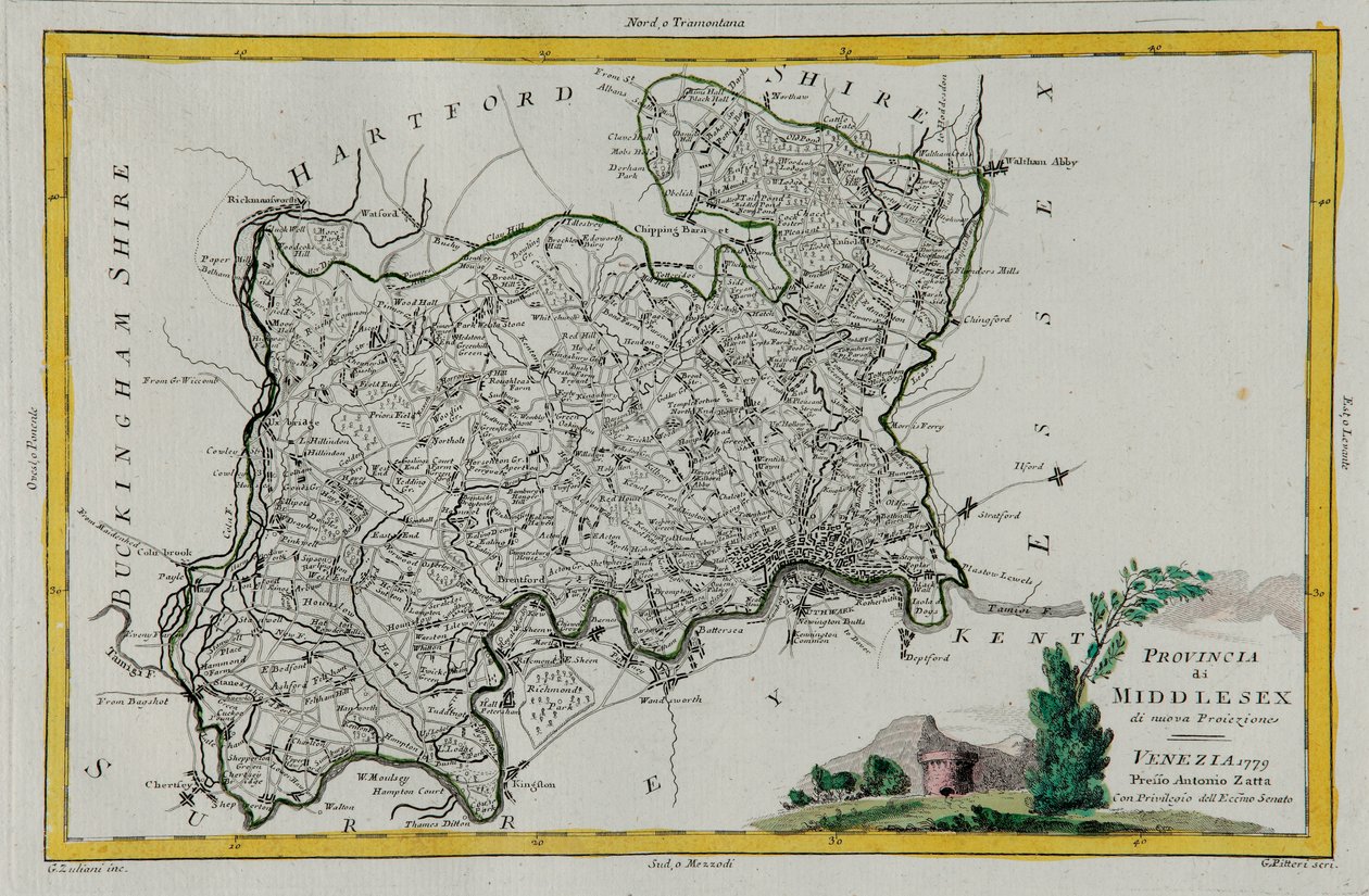 Province of Middlesex, Engraving by G. Zuliani from Tome I of the "Newest Atlas" by G. Zuliani
