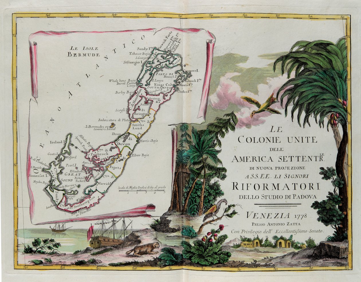 The Islands of Bermuda and the Frontispiece of the Section Dedicated to the United Colonies of North America, Engraving by G. Zuliani from Tome I of the "Newest Atlas" by G. Zuliani