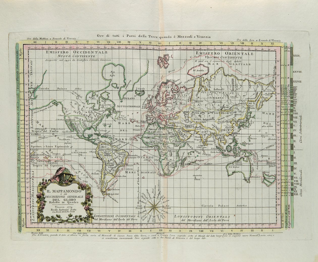 World Map and a General Description of the Globe, Engraving by G. Zuliani from the Newest Atlas by G. Zuliani
