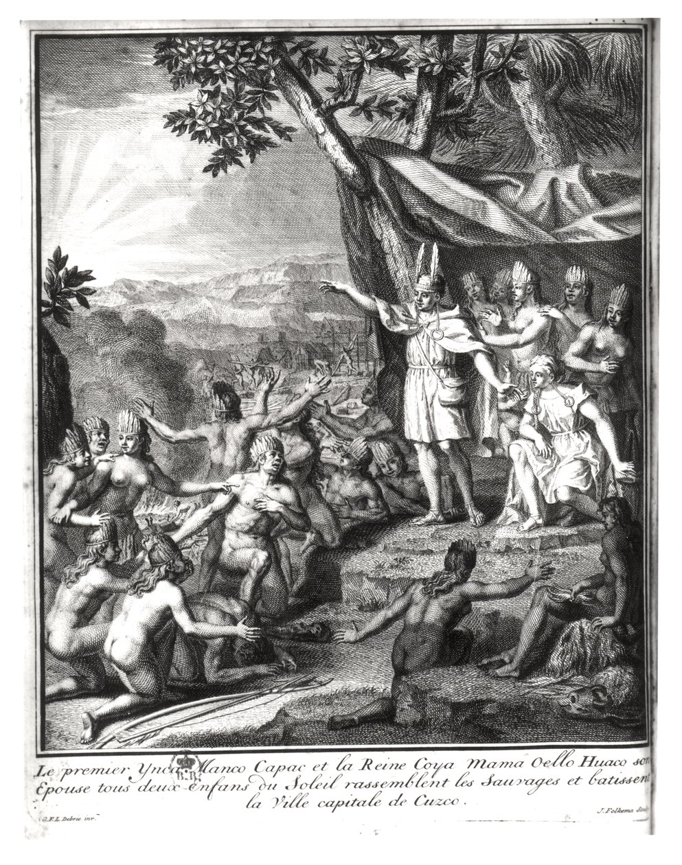 Manco Capac and His Wife, Coya Mama Oello Huaco, Gathering the Savages and Building Cuzco by Gabriel Francois Louis Debrie