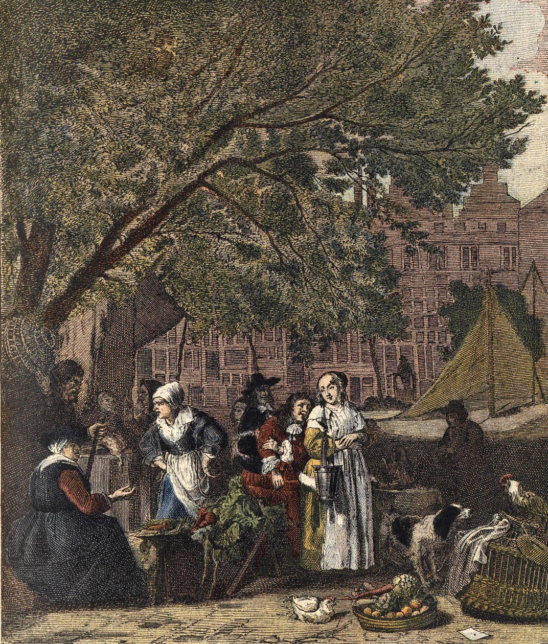The Amsterdam Herb Market. Engraving 19th century after the painting of Gabriel Metsu (1629-1667). by Gabriel (after) Metsu
