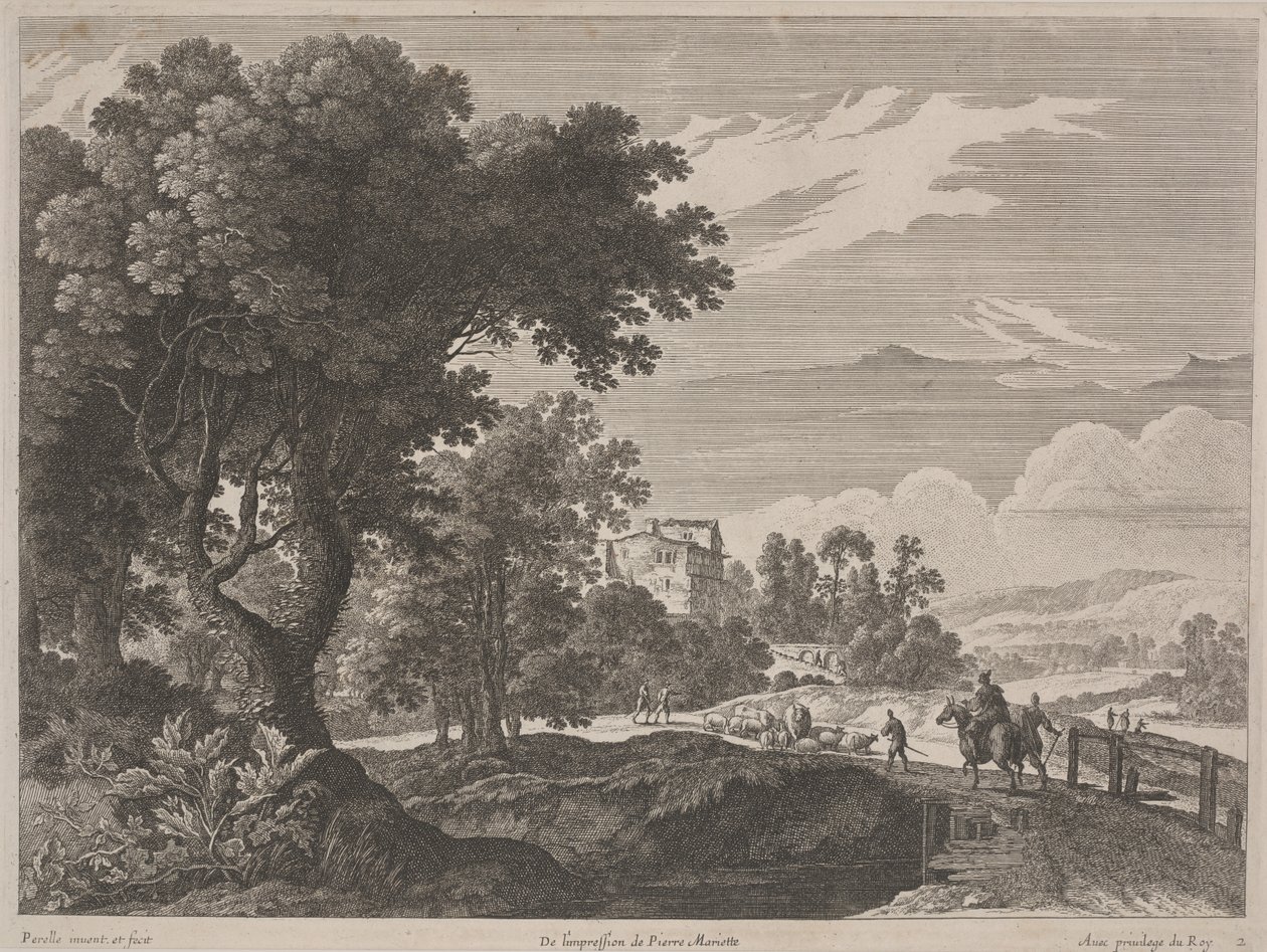 Landscape with Travelers Crossing a Bridge by Gabriel (after) Perelle